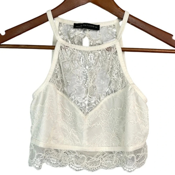 SIGNATURE8 Lace Bralette Crop Top Ivory Keyhole Open Back Stretch Lined Size L - Picture 2 of 8